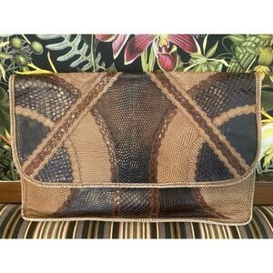 Carlos Falchi Vintage Fabulous Large Brown Skins Leather & Snakeskin Clutch